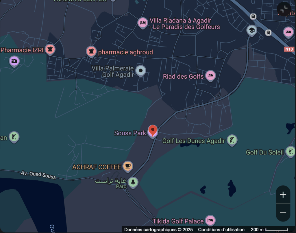 carte pour localiser le Souss Park le parc de loisirs Accrobranche d'Agadir