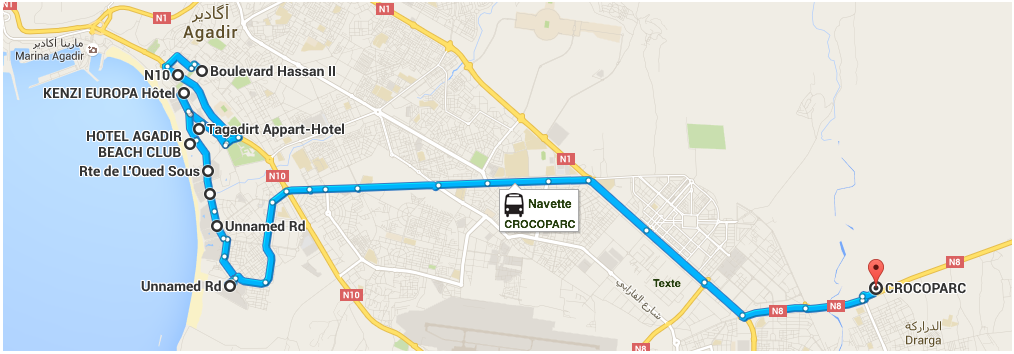 carte qui montre le trajet de la navette pour se rendre au Crocoparc d'Agadir