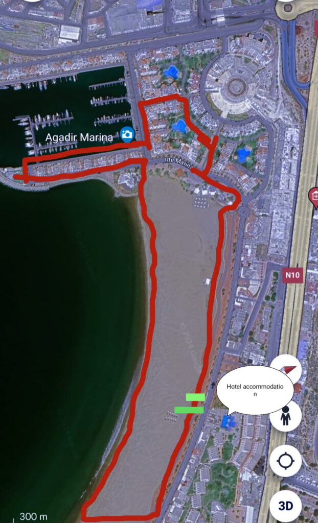 Carte montrant le parcours de la marche nordique à Agadir en 2024