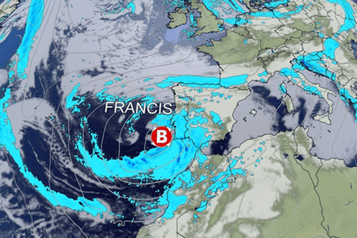 Carte satellite qui montre l'arrivée de la tempête Francis sur Agadir