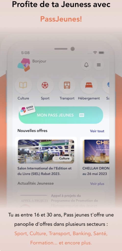 Application pass jeunes pour la jeunesse marocaine téléchargeable sur iOS et Android.