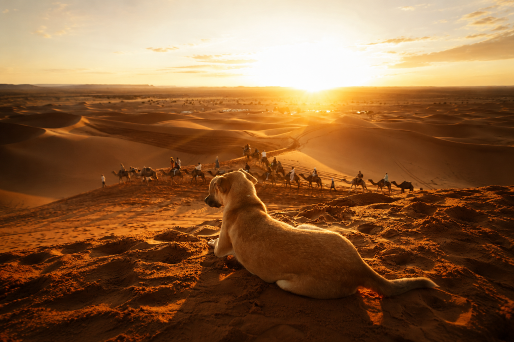 Chien sur les dunes dans le désert d'Agadir