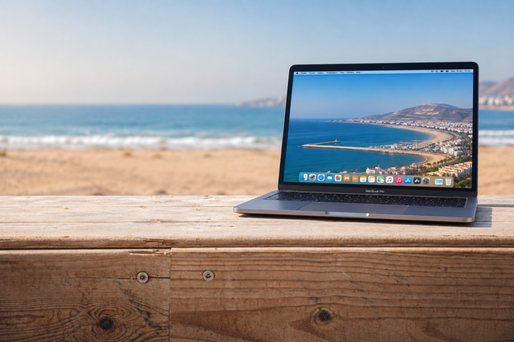 personne qui travaille sur le bord de plage après sa journée dans un espace coworking à Agadir